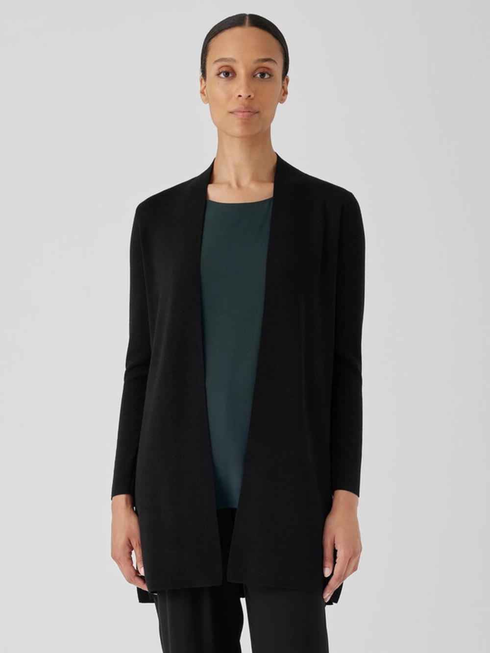 Eileen Fisher Regenerative Fine Merino Wool Long Cardigan Black XS Petite